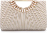 OPLERT Women’s Gold Pleated Satin Evening Clutch Bag with Pearl Handle and Chain Strap