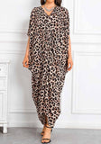 Brown Leopard Long Kaftan Dress – Lightweight Beach Cover Up Maxi Kaftan with Batwing Sleeves