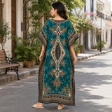 Women Peacock Blue Polyester Kaftan Maxi Dress