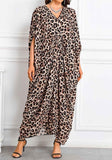 Brown Leopard Long Kaftan Dress – Lightweight Beach Cover Up Maxi Kaftan with Batwing Sleeves