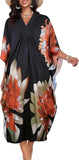 Orange Green Floral Women's Boho Kaftan Dress – V Neck Maxi Beach Cover Up Summer Kaftan