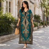 Women Peacock Blue Polyester Kaftan Maxi Dress
