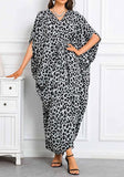 Grey Leopard Long Kaftan Dress – Lightweight Beach Cover Up Maxi Kaftan with Batwing Sleeves