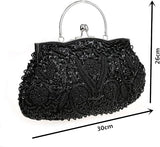 HONGCI Women’s Q Black Rose Beaded Clutch Bag with Chain – Vintage Sequin Bridal and Evening Bag