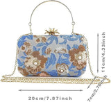 Women’s Embroidery Blue Beaded Floral Evening Clutch Bag with Chain – Wedding, Prom & Party Handbag