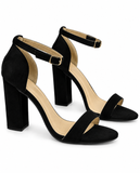 Women's Black Faux Suede Chunky Block High Heel Ankle Strap Peep Toe Sandals-BS 1810