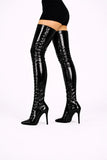 Women's Black Patent Thigh High Over The Knee Front Lace Up Stiletto Boots 11720