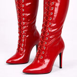 Women's Red Patent Thigh High Over The Knee Front Lace Up Stiletto Boots 11720