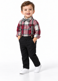 Boys Plaid Shirt and Suspender Trousers Set with Bow Tie