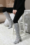 Women's Silver Glitter GoGo Boots Knee High Block Heel Retro Fancy Dress 1960s 1970s