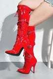 Womens Knee High Full Side Zip Stiletto Heel Red Boots With 3 Buckles G-12055