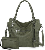 Women’s Dark Green Large Faux Leather Hobo Bag with Matching Purse – 2-Piece Set
