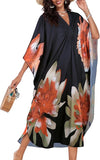 Orange Green Floral Women's Boho Kaftan Dress – V Neck Maxi Beach Cover Up Summer Kaftan