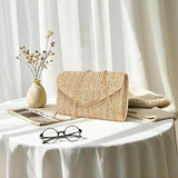 Women’s Woven Straw Envelope Clutch Bag with Detachable Chain