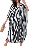 Black White Stripe Women's Boho Kaftan Dress – V Neck Maxi Beach Cover Up Summer Kaftan