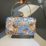Women’s Embroidery Blue Beaded Floral Evening Clutch Bag with Chain – Wedding, Prom & Party Handbag
