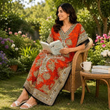 Women Orange Polyester Kaftan Maxi Dress