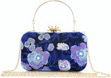 Women’s Embroidery-navy Blue Beaded Floral Evening Clutch Bag with Chain – Wedding, Prom & Party Handbag