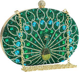 Women’s Green Peacock Sequin Clutch Bag with Chain – Vintage Rhinestone Evening Handbag