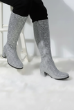 Women's Silver Glitter GoGo Boots Knee High Block Heel Retro Fancy Dress 1960s 1970s