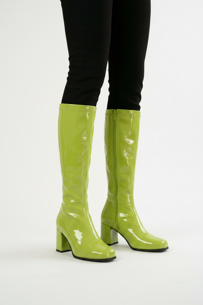 Women's Lime Green GoGo Boots Knee High Block Heel Retro Fancy Dress 1960s 1970s