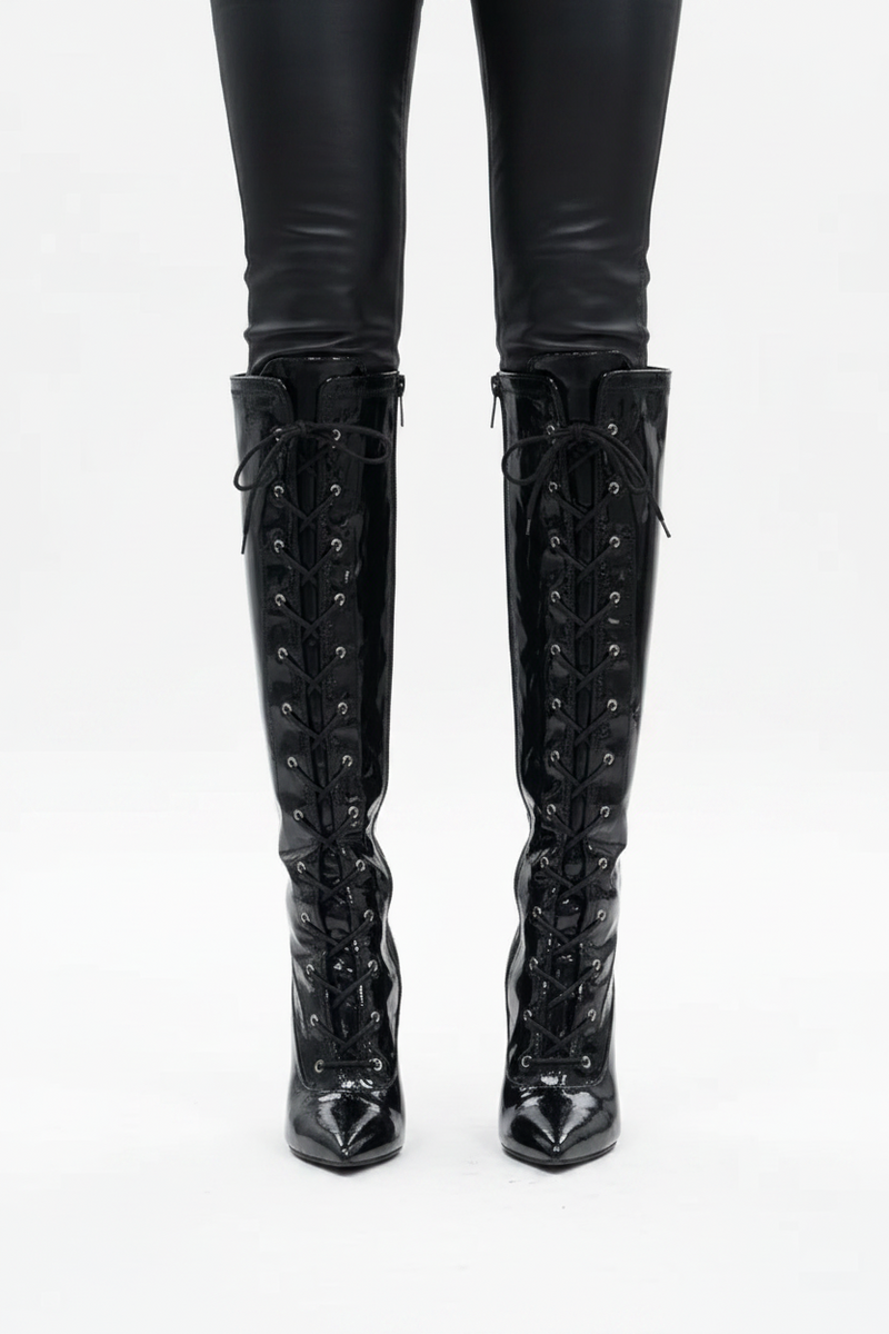 Women's Black Knee High Stiletto Heel Boots Lace Up Side Zip Pointed Toe G-13719