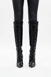 Women's Black Knee High Stiletto Heel Boots Lace Up Side Zip Pointed Toe G-13719