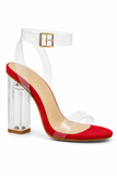 Women's Red Suede Clear Strap Block Perspex High Heel Sandals-BS-71