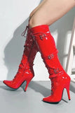 Womens Knee High Full Side Zip Stiletto Heel Red Boots With 3 Buckles G-12055