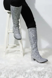 Women's Silver Glitter GoGo Boots Knee High Block Heel Retro Fancy Dress 1960s 1970s