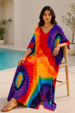 Baynetin Women’s Handmade Tie-Dye Kaftan Dress – Plus Size Batwing Maxi Beach Cover-Up