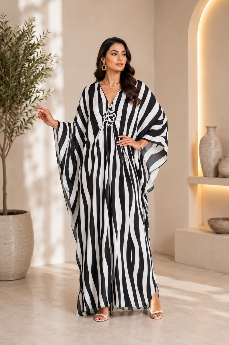 Black White Stripe Women's Boho Kaftan Dress – V Neck Maxi Beach Cover Up Summer Kaftan