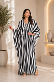 Black White Stripe Women's Boho Kaftan Dress – V Neck Maxi Beach Cover Up Summer Kaftan