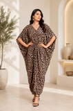 Brown Leopard Long Kaftan Dress – Lightweight Beach Cover Up Maxi Kaftan with Batwing Sleeves