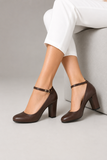 Brown Matte Ankle Strap Block Heel Court Shoes– G-1829