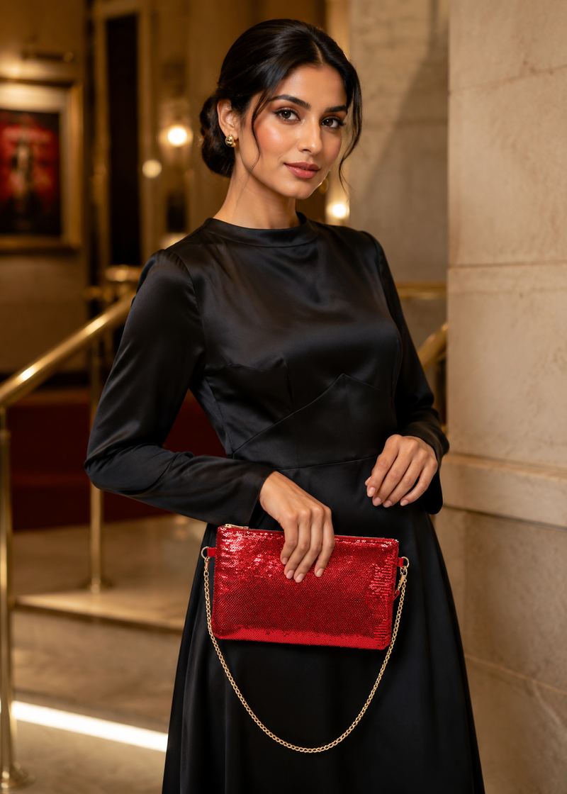 Miss Lulu Red Sequin Clutch Bag with Chain Strap