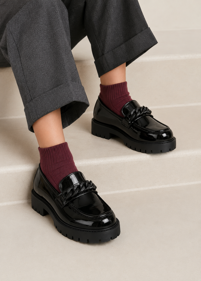 Girls' Back to School Black Patent Loafers 22983 — Chain Detailing