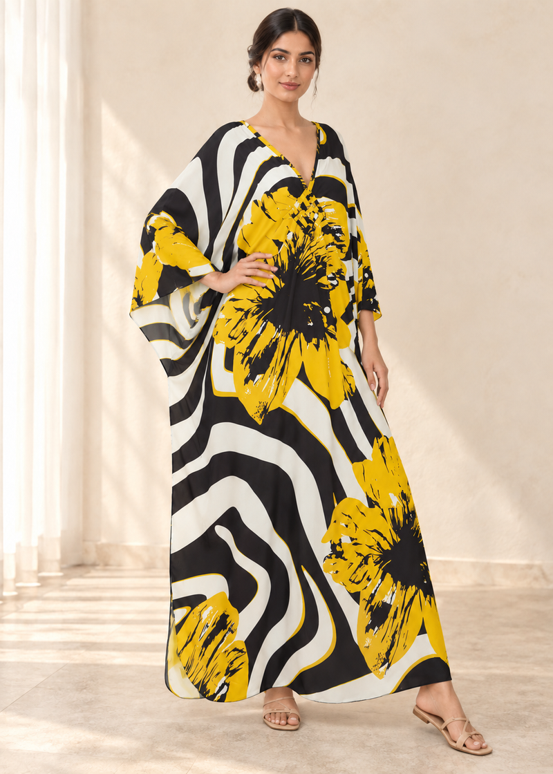 Women’s White & Yellow Ethnic-Print Plus-Size Kaftan Beach Cover-Up
