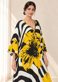 Women’s White & Yellow Ethnic-Print Plus-Size Kaftan Beach Cover-Up