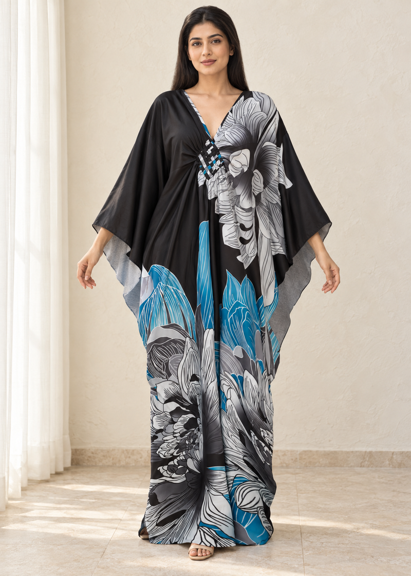 Women’s Grey Blue Print Plus-Size Kaftan Beach Cover-Up