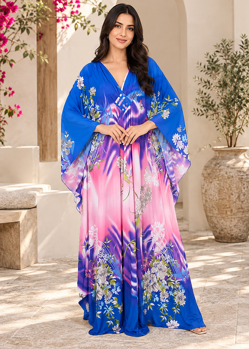 Women’s Blue & Pink Bohemian Oversized Maxi Kaftan Dress – One Size