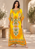 Yellow Lotus Print Women's Kaftan Maxi Dress – Bohemian Beach Cover Up