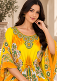 Yellow Lotus Print Women's Kaftan Maxi Dress – Bohemian Beach Cover Up
