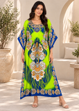 Lime Blue Lotus Print Women's Kaftan Maxi Dress – Bohemian Beach Cover Up