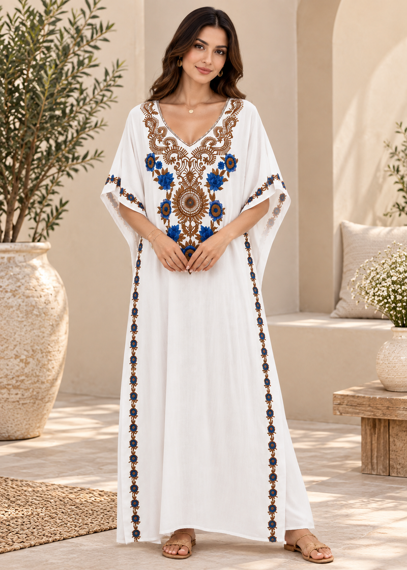 White Embroidered Women's Kaftan Maxi Dress – Boho Beach Cover Up