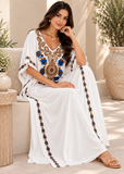 White Embroidered Women's Kaftan Maxi Dress – Boho Beach Cover Up
