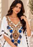 White Embroidered Women's Kaftan Maxi Dress – Boho Beach Cover Up