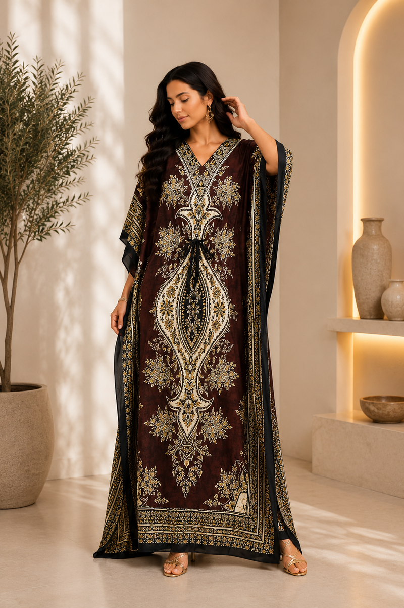 Women Brown Polyester Kaftan Maxi Dress