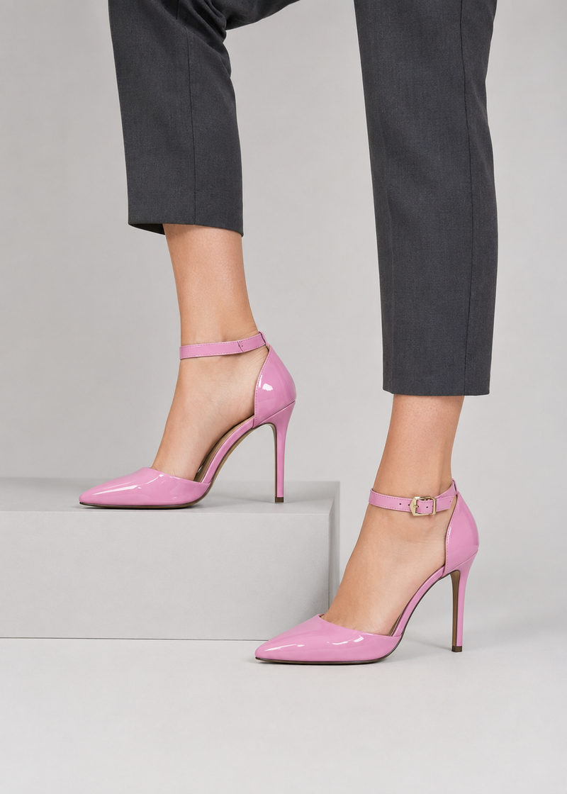 Women's Pink Patent Ankle Strap Stiletto Court Shoes Pointed Toe 221