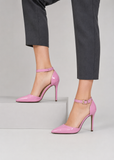 Women's Pink Patent Ankle Strap Stiletto Court Shoes Pointed Toe 221